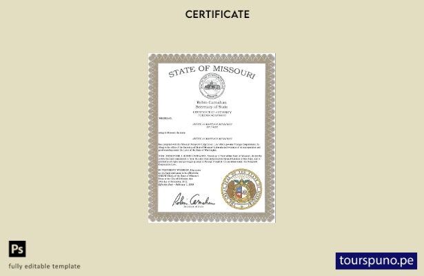 Plantilla de certificado de matrimonio de Missouri lista para imprimir en format